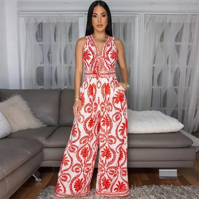 

GUWU Print Wide Leg V-Neck Sleeveless Jumpsuits 2025 Women Summer Beach Vacation Club Party OL Outfits One Piece Suit Romper