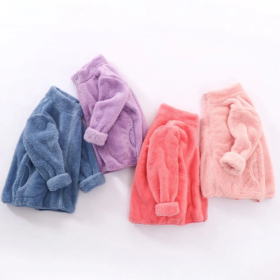 Kids Clothes Boy Girl Candy Color Spring Autumn Jacket Unisex Zipper Fur Tops Children Pocket Fleece Outerwear Outdoor Coat 2023