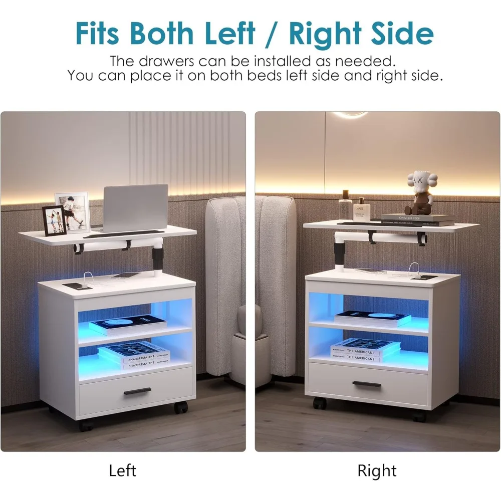 LED Nightstand with Outlet & Charging Station, Swivel Bedside Table with Wheels, Night Stand with Laptop Table  for Bedroom