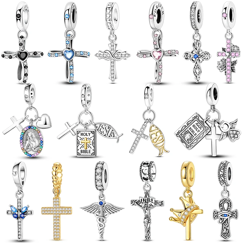 

925 Sterling Silver Original Charms Cross Series Jesus Christianity Pendant Beads For Woman Fit Bracelet Necklace Diy Jewelry