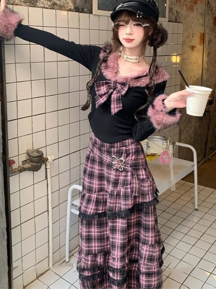 

Winter Christmas New Years Elegant 2 Piece Set Women Faux Fur Sexy Retro Tops + Plaid Design Midi Skirt Female Korean Popular