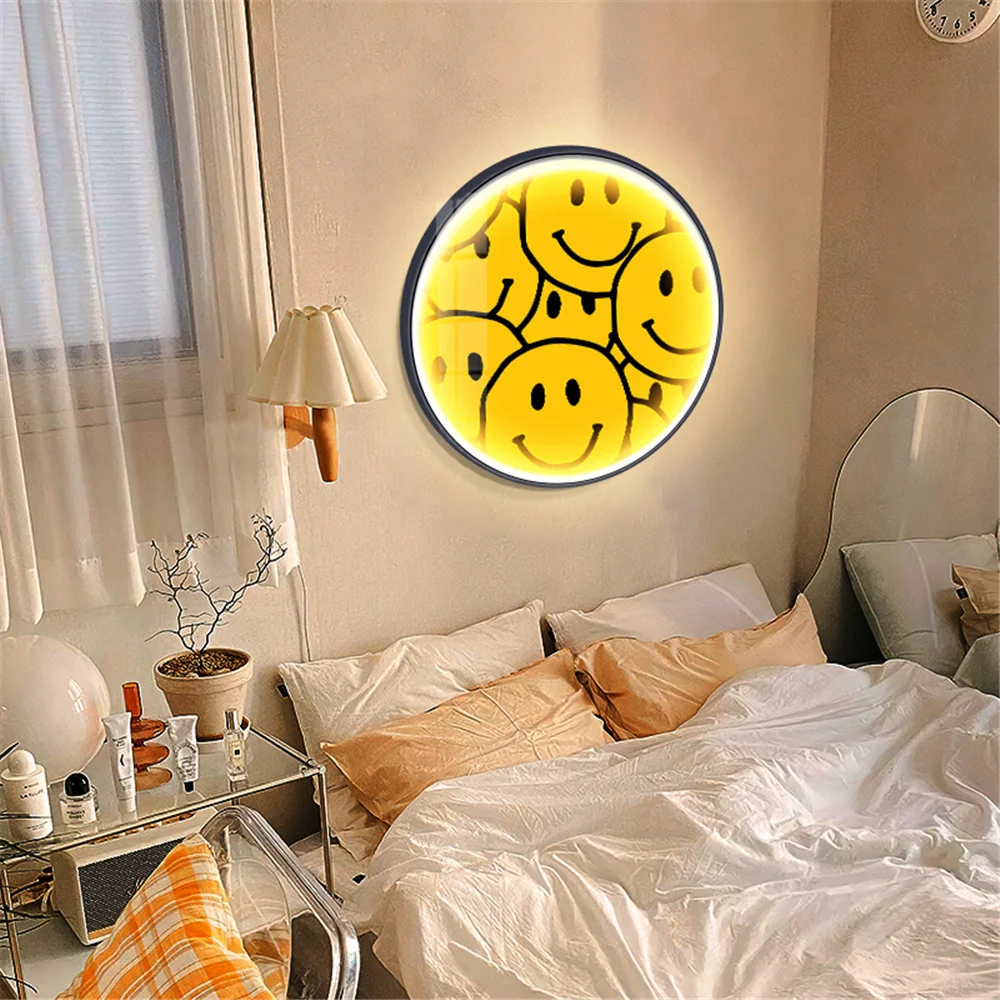 Nordic Cartoon Smiling Face Mural Fresco Led Wall Lamp With Plug Wire For House Living Room Corridor Bedroom Kids Sconce Lights