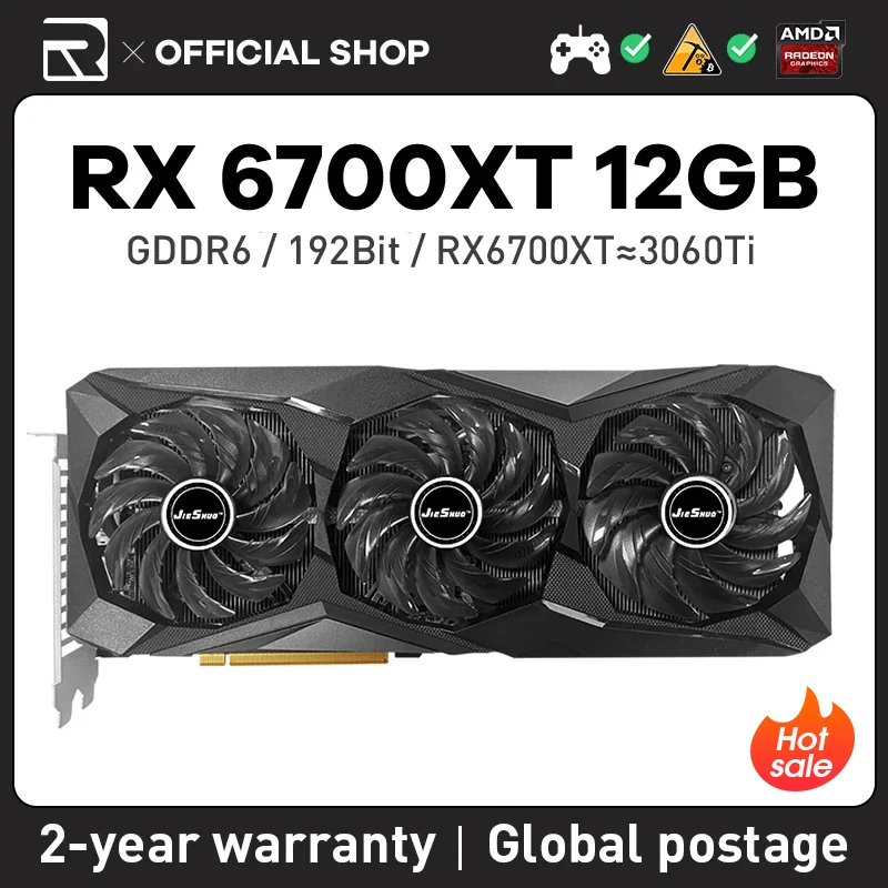 JIESHUO  RX 6700XT 12gb Three-fan Graphics Gpu Gddr6 192bit 7nm PCI Express 4 Rx 6700 XT Three-Fan Graphics Card