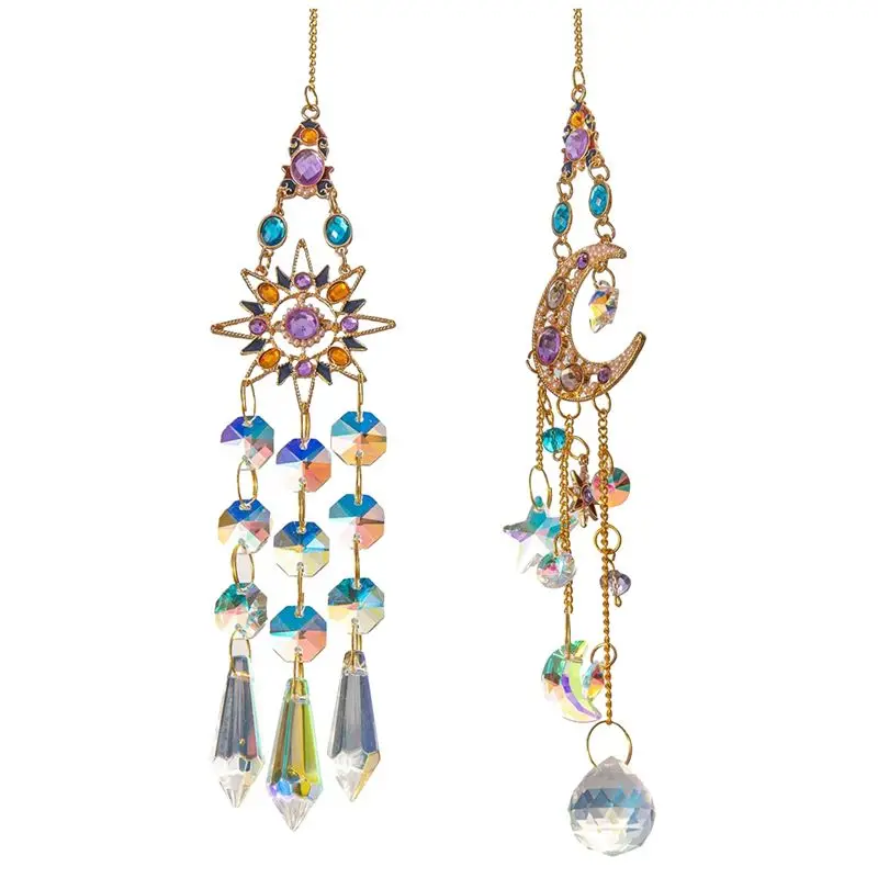 B69C 2PCS Suncatcher Crystal Pendant Set Sun Moon Window Prisms Rainbow Vintage Wind Chimes Hanging Light Catcher Garden Decor S