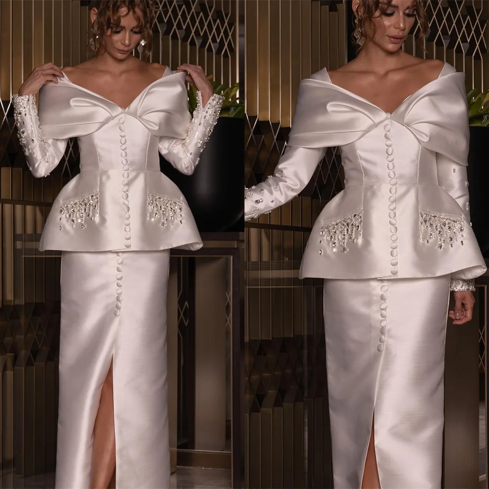 

Customized Exquisite Satin Evening Dresses Classic Off the Shoulder Long Sleeves Homecoming Dresses Temperament Prom Dress