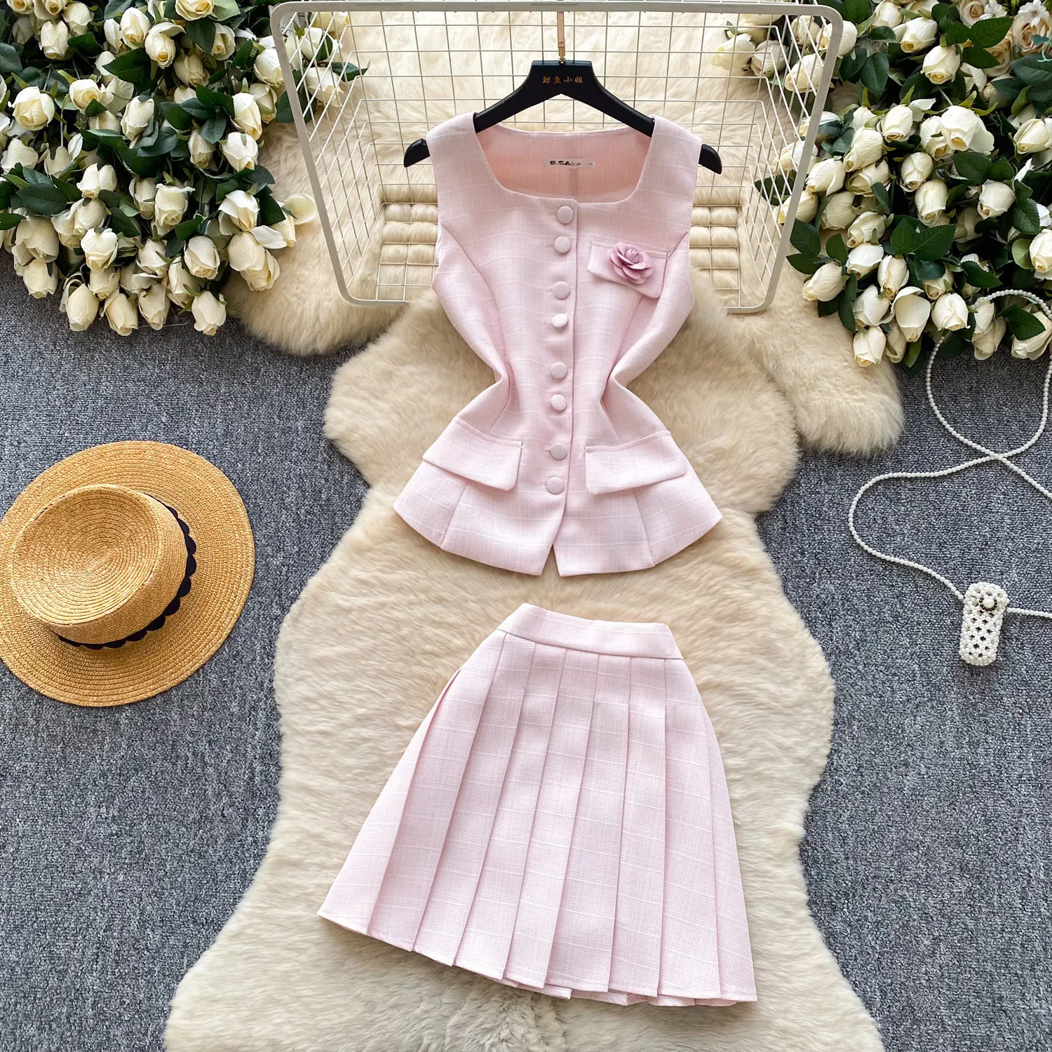 

Two Pieces Women Solid Dress Set Pleated Matching Sets Sleeveless Vest Mini Lenth Skirt Slim Fit Elegant Casual 2026 Summer
