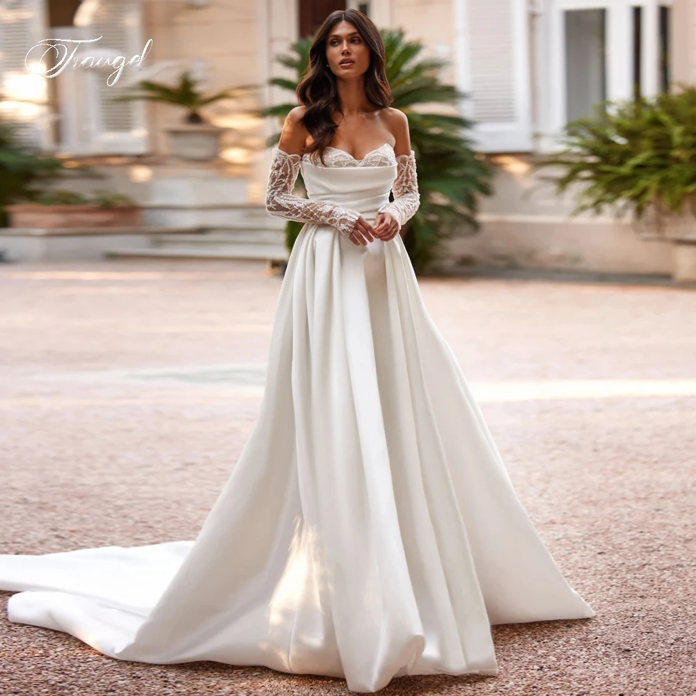 

Traugel Elegant Boat Neck Long Sleeve Matte Satin Wedding Dress Luxury Lace Beaded Court Train Pleat Vintage A Line Bridal Gown