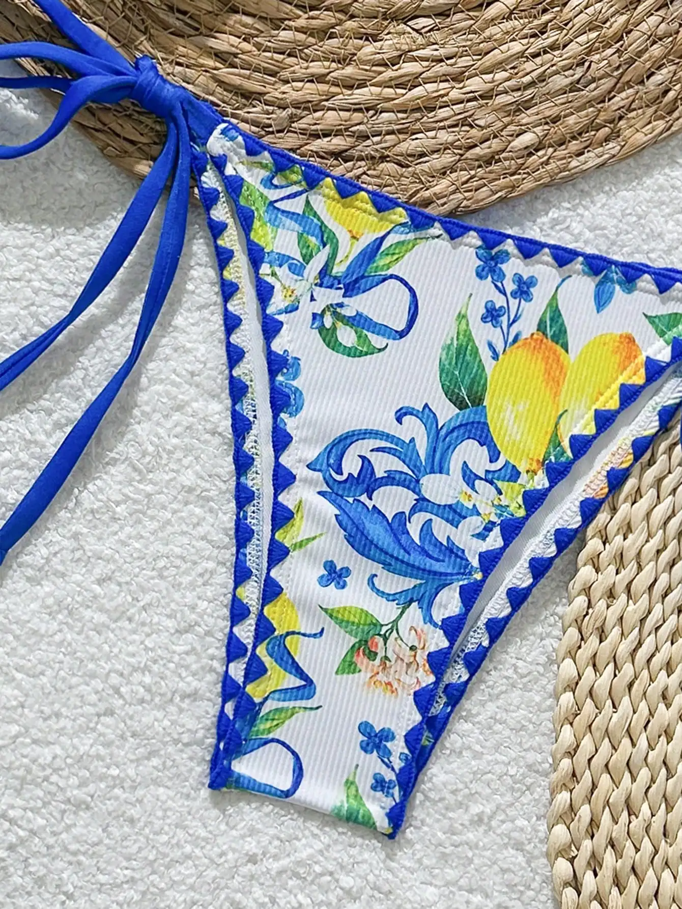 

Womens Lemon Floral Print Triangle Bikini Set With Blue Trim And Ties