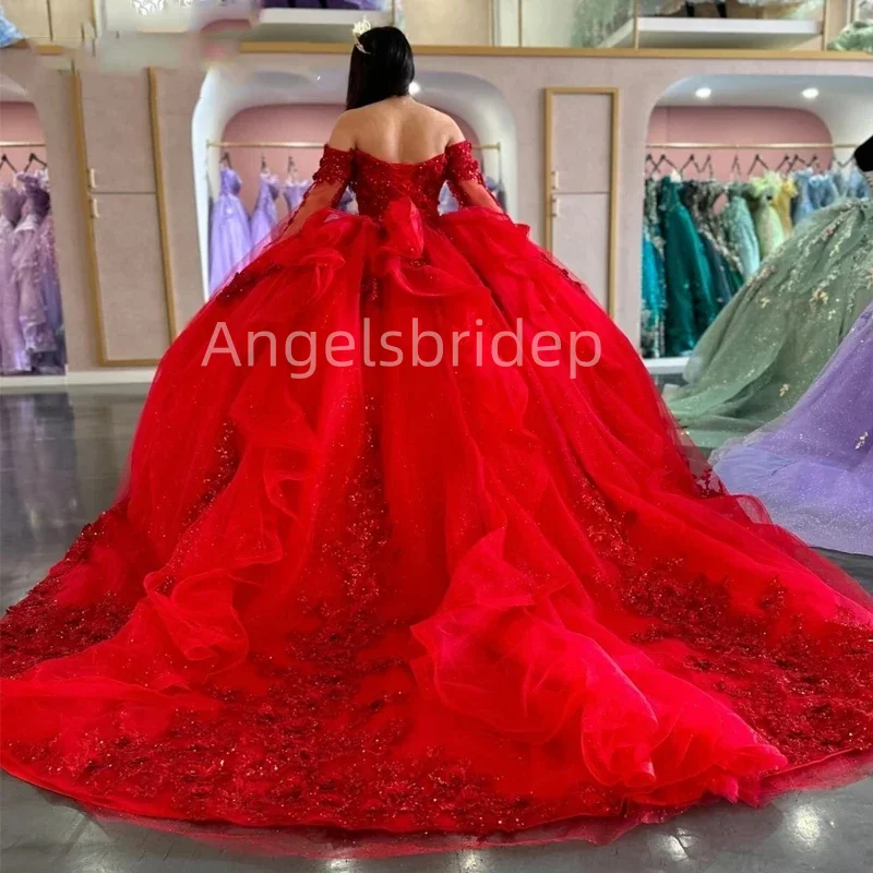 Angelsbridep-Vestido De princesa De lujo para niña, traje De baile rojo De 15 Años, quinceañera, volantes, escalonados, vestidos De fiesta De noche