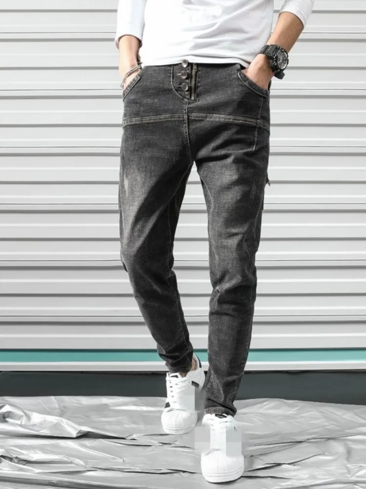 Vintage Harem Denim Pants Men Slim Spring Summer Patchwork Hip Hop Drop Crotch Jeans Single Breasted Streetwear Casual Trousers