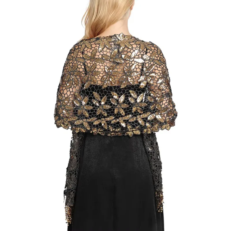 Bridal Wedding Hollow Sequin Lace Shawl Women Luxury Party Wrap Female Shiny Glitter Stole Singer Club Event Scarf with Tassel