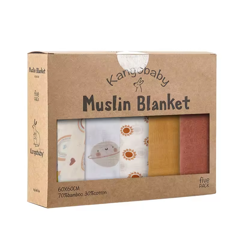 Kangobaby #My Soft Life# 5 Pieces Pack Multi-Functional Bamboo Cotton Muslin Blanket Baby Burp Cloth Set - Image 13