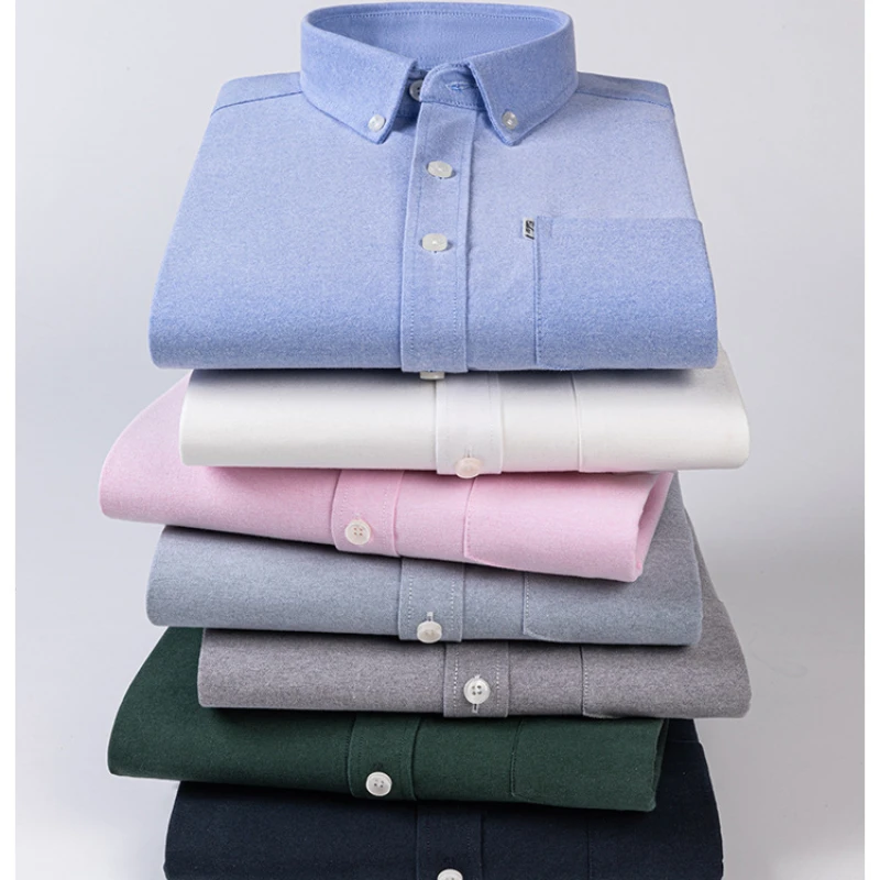 Solid Color Plaid Striped Man Shirts Long Sleeve Cotton White Work Shirt Single Pocket Casual Longsleeve Shirt for Men Slim Fit