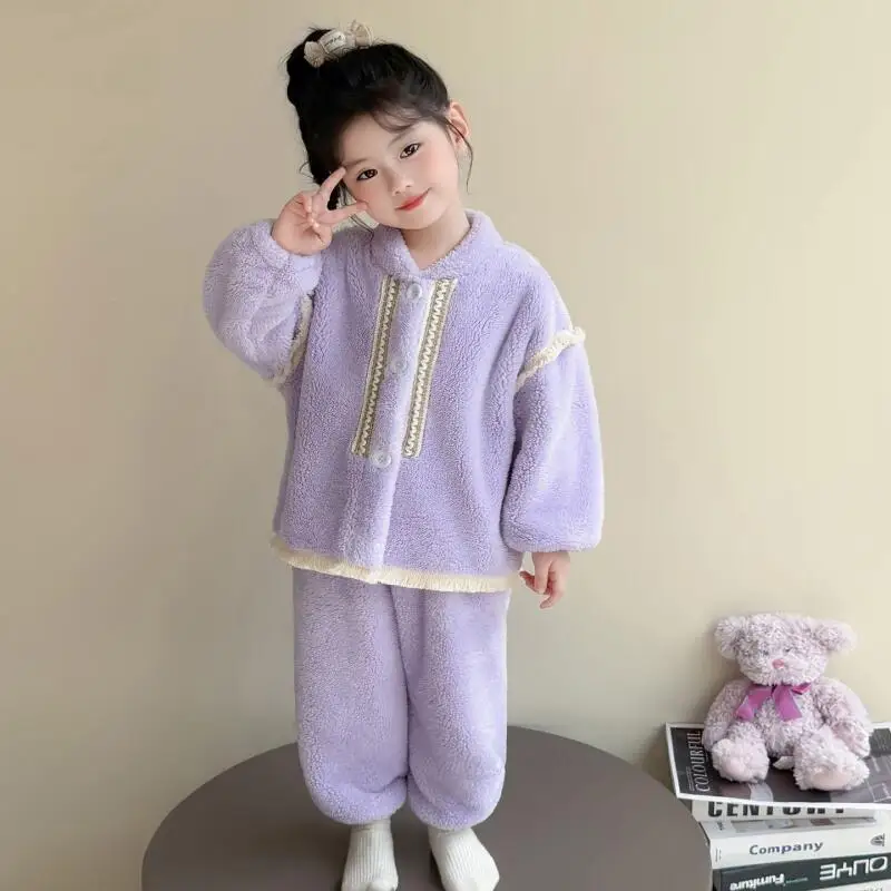 حار الطفل الفانيلا قطعتين مجموعة منامة فتاة الخريف الشتاء رشاقته الدفء القمم السراويل الطفل Kawaii موضة جديدة ملابس منزلية غير رسمية