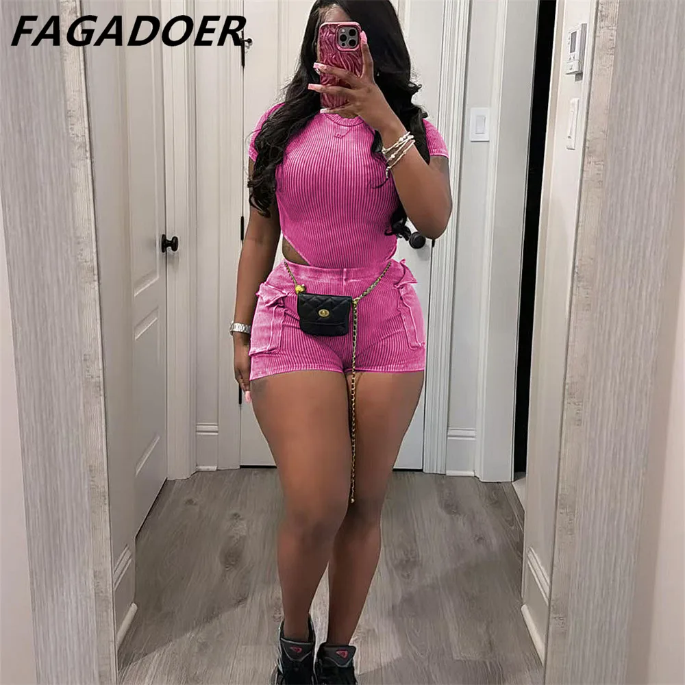 FAGADOER Quality Rib 2 Piece Outfits Women Stretchy Skinny Bodysuit Top Pockets Shorts Suits Casual Matching Sets 2024 Trendy