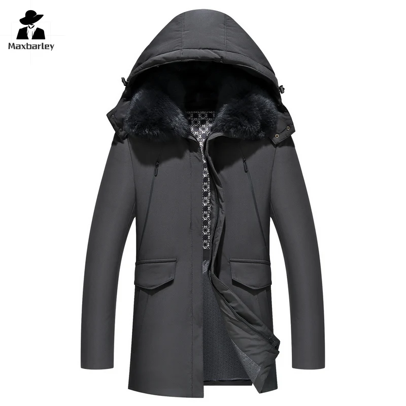 

2024 Winter New Down Jacket Men's Luxury Brand Detachable Wool Collar White Duck Down Warm Coat Business Lightweight Long Parka