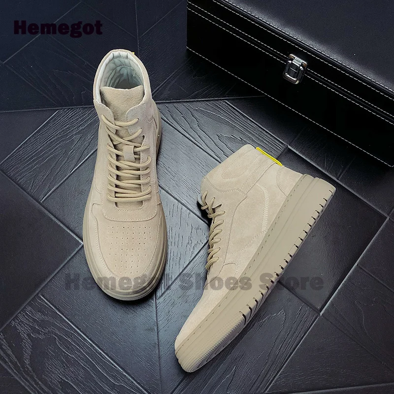 Khaki Frosted High Top Boots Men's Lace-Up Booties Work-Wear Hardwearing Boots Mid Top Handmade Thick-Soled Boots Men's Shoes