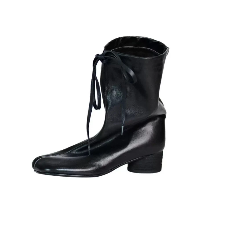 New Women Split Toe Ankle Boots Ruffle Trim High Chunky Block Heel Lace Up Short Boots Fashion Daily Outdoor Ladies Footwear view 6