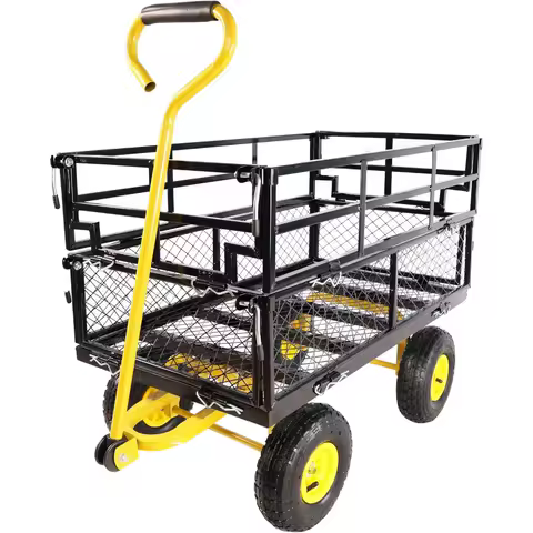 Four-Wheeled Trailer with Double-Deck Detachable Side, Multifunctional Heavy-Duty Steel Net Car for Farms