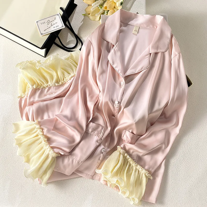 New Pink Princess Style Top Pants 2Pcs Pajamas Suit Flare Sleeve Nightwear Women Rayon Home Clothes Summer New Pijama Mujer