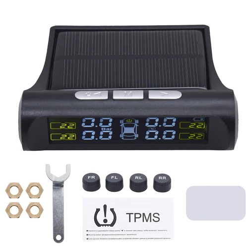 Sensor Solar de presión de neumáticos TPMS, sistema de monitoreo de presión de neumáticos de coche con sensores externos internos de 4 ruedas, TMPS