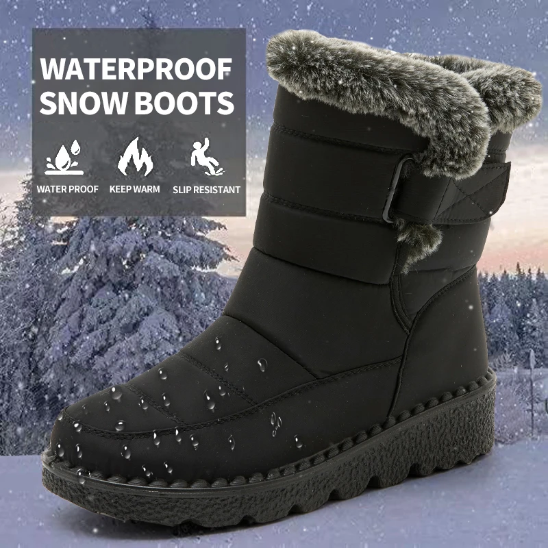 Fashion Fur Women Ankle Boots Plush Anti-slip Warm Comfy Outdoor Casual Cotton Shoes Plus Size 43 44 Waterproof Women Snow Boots