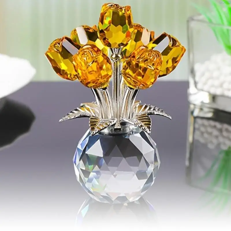 23GA Crystal Rose Figurine Ornament,Rose Flower Gift for Wife Mom Girlfriend,Crystal Bouquet Figurine,Glass Flower with Stand