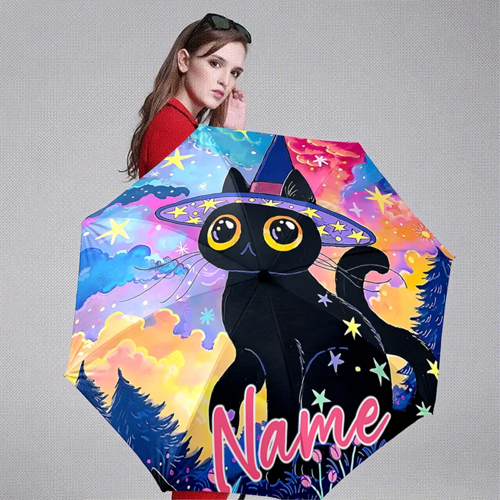 Custom Name Umbrella Black Cat with Wizard Hat and Colorful Stars 8 Iron Ribs Folding Umbrella Auto-Open Fashion Sunshade