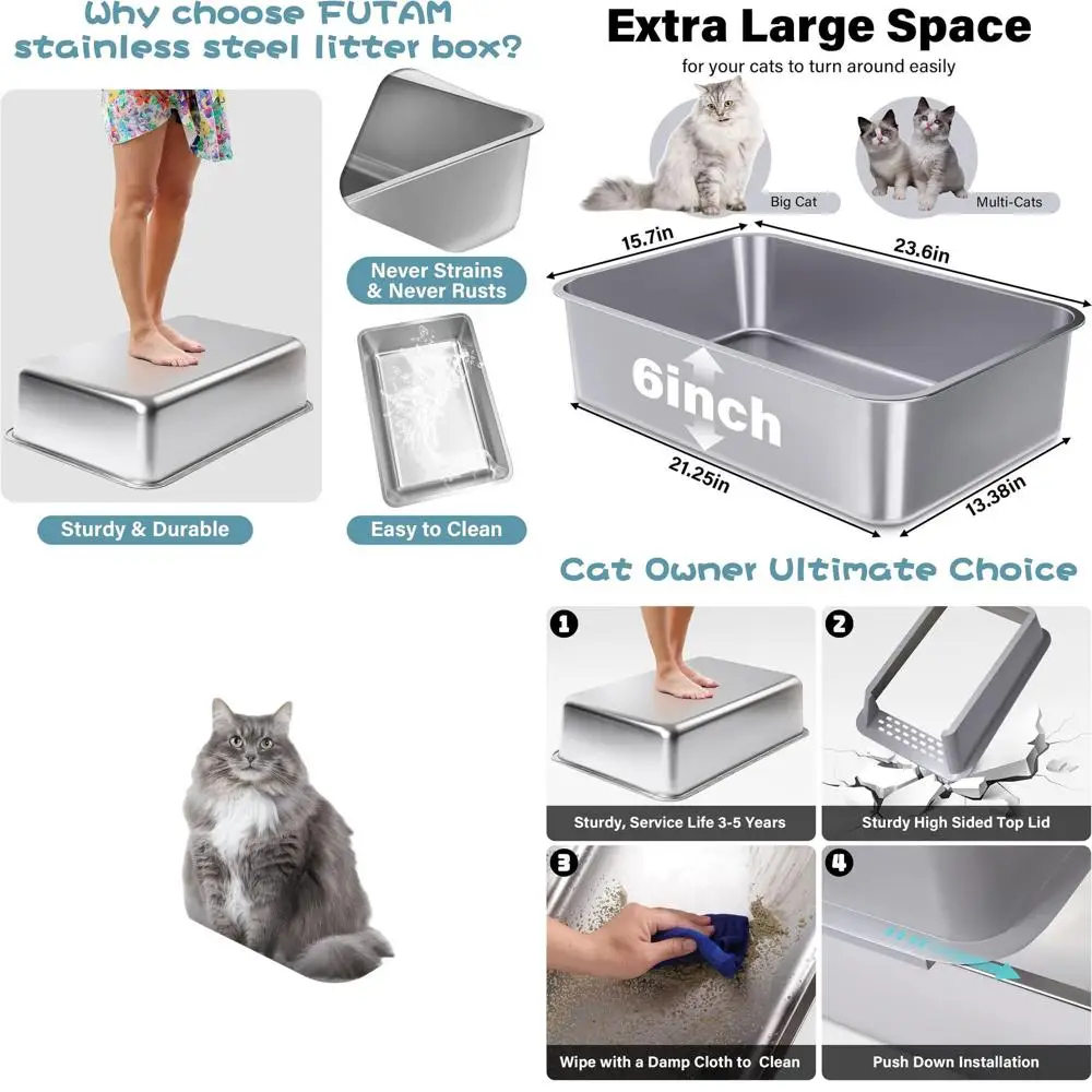 

Extra Large 23.6x15.7 Stainless Steel Cat Litter Box Set, Deep XL Metal Litterbox for Large Cats, High Sides, Non-Stick, Easy Cl