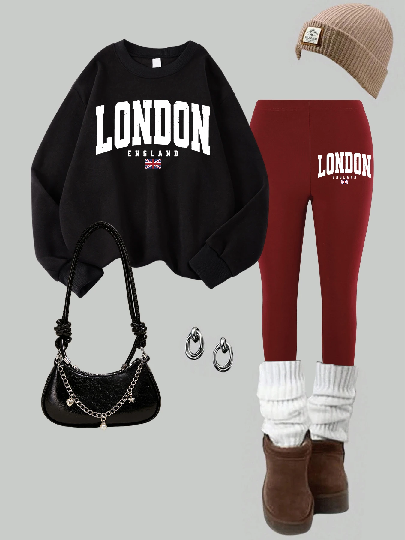 2-delige Dames London England Vlag Afdrukken Sweatshirt Legging Set Straat Fleece Thermische Hoodie Broek Winter Dameskleding