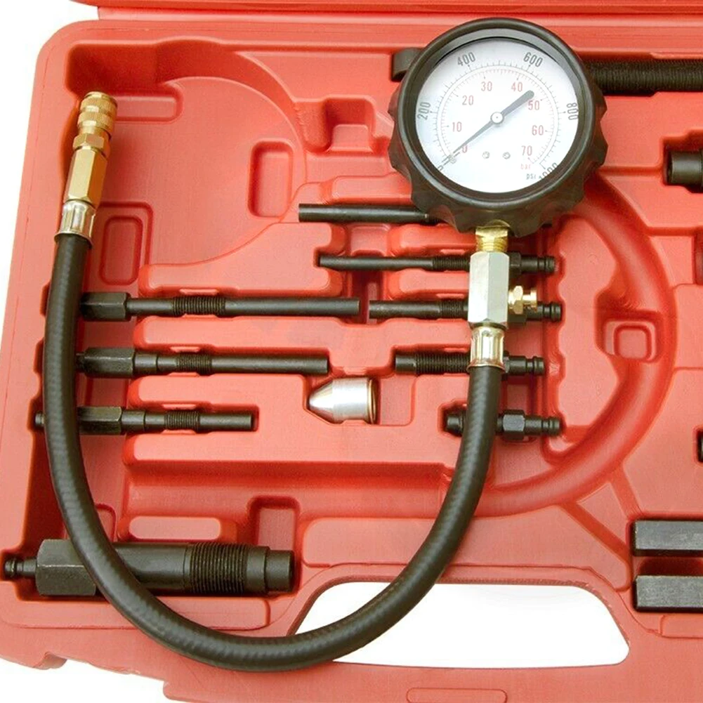 Diesel Engine Cylinder Compression Gauge Tester Adapter Kit for Car Truck Tractor 1000PSI Diesel Pressure Tester Kit w/ Adapters