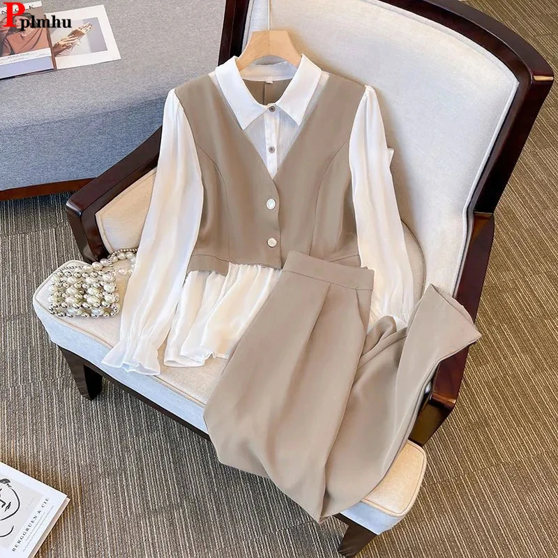 Korean Chiffon 2 Pieces Sets Slim Shirt Conjuntos Ankle-length High Waist Straight Pants Suits Thin Casual Formal Summer Outfit