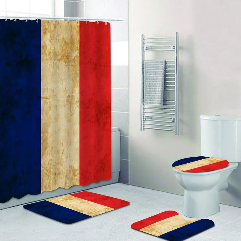 Vintage Grunge French France Flag Bathroom Shower Curtain Set for Bathroom Mat Rug Patriotic Toilet Cover Accessories Home Decor