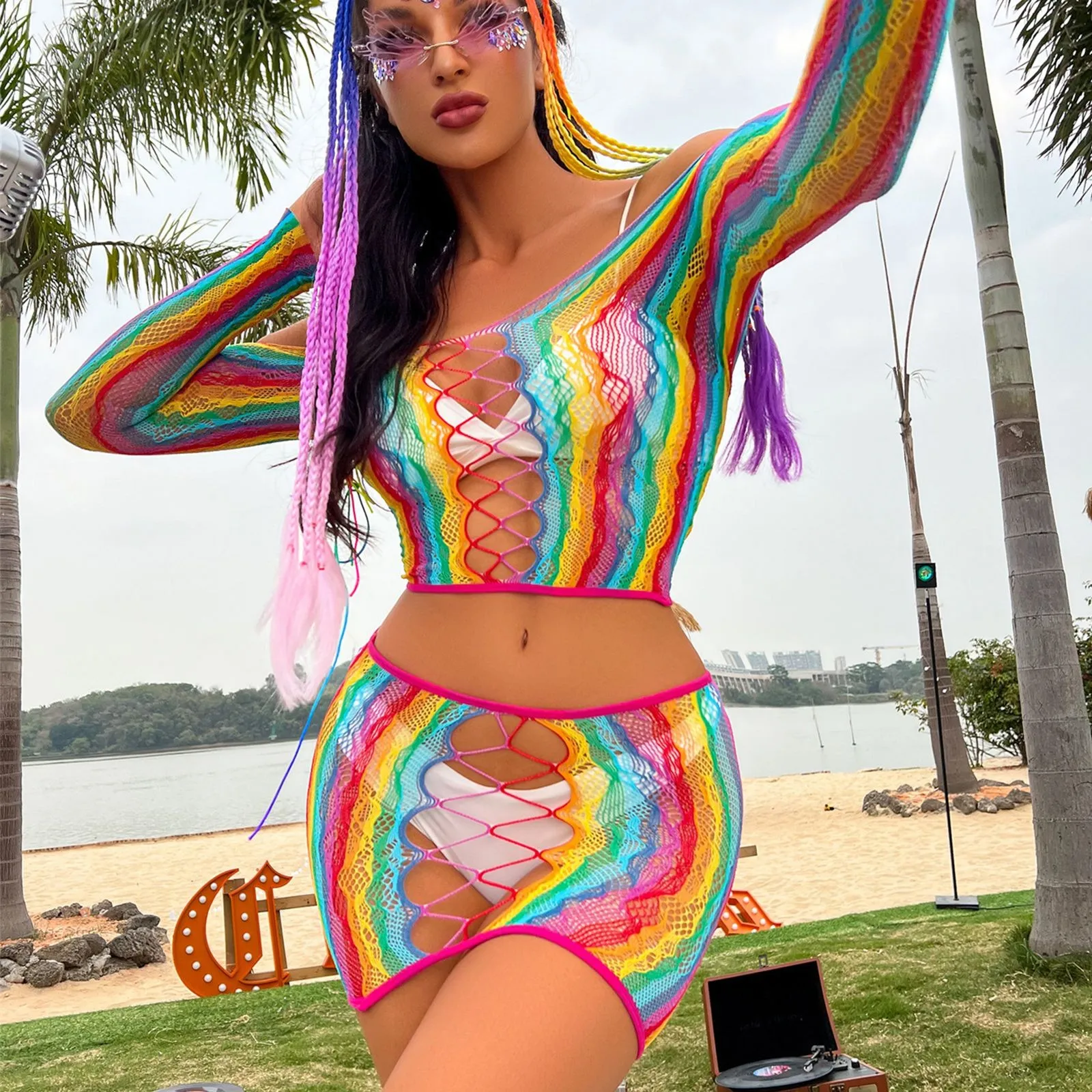 Sexy Lingerie Rainbow Cover Up Two Piece Fishnet Women's Beach Bikini Mesh Clothes Lace Bodysuit Porn Exotic Hollow Costumes