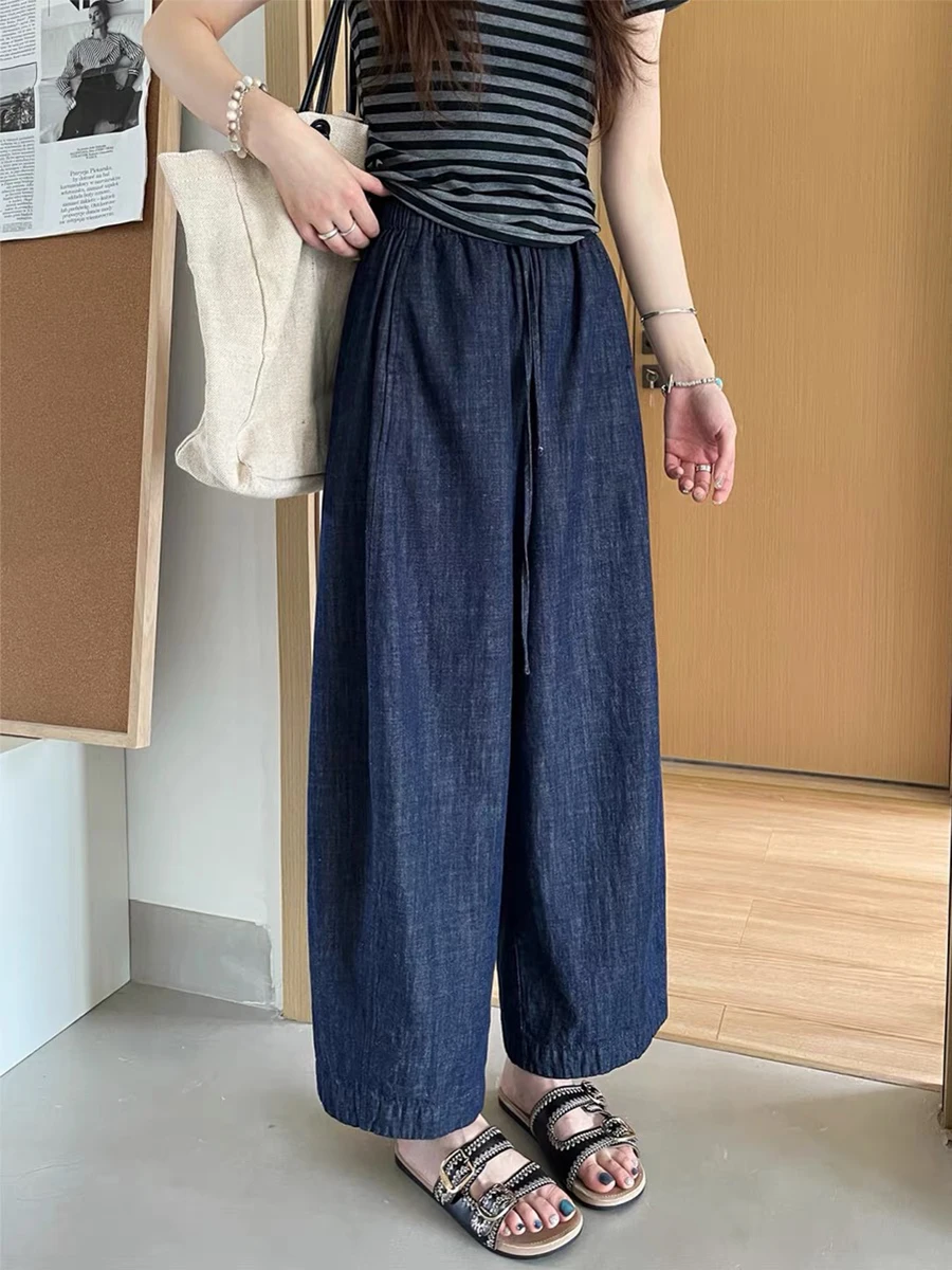 

Большие размеры, свободный крой, прямые джинсы с высокой талией, темно-синие летние тонкие широкие брюки, женские удобные утягивающие джинсовые джинсы