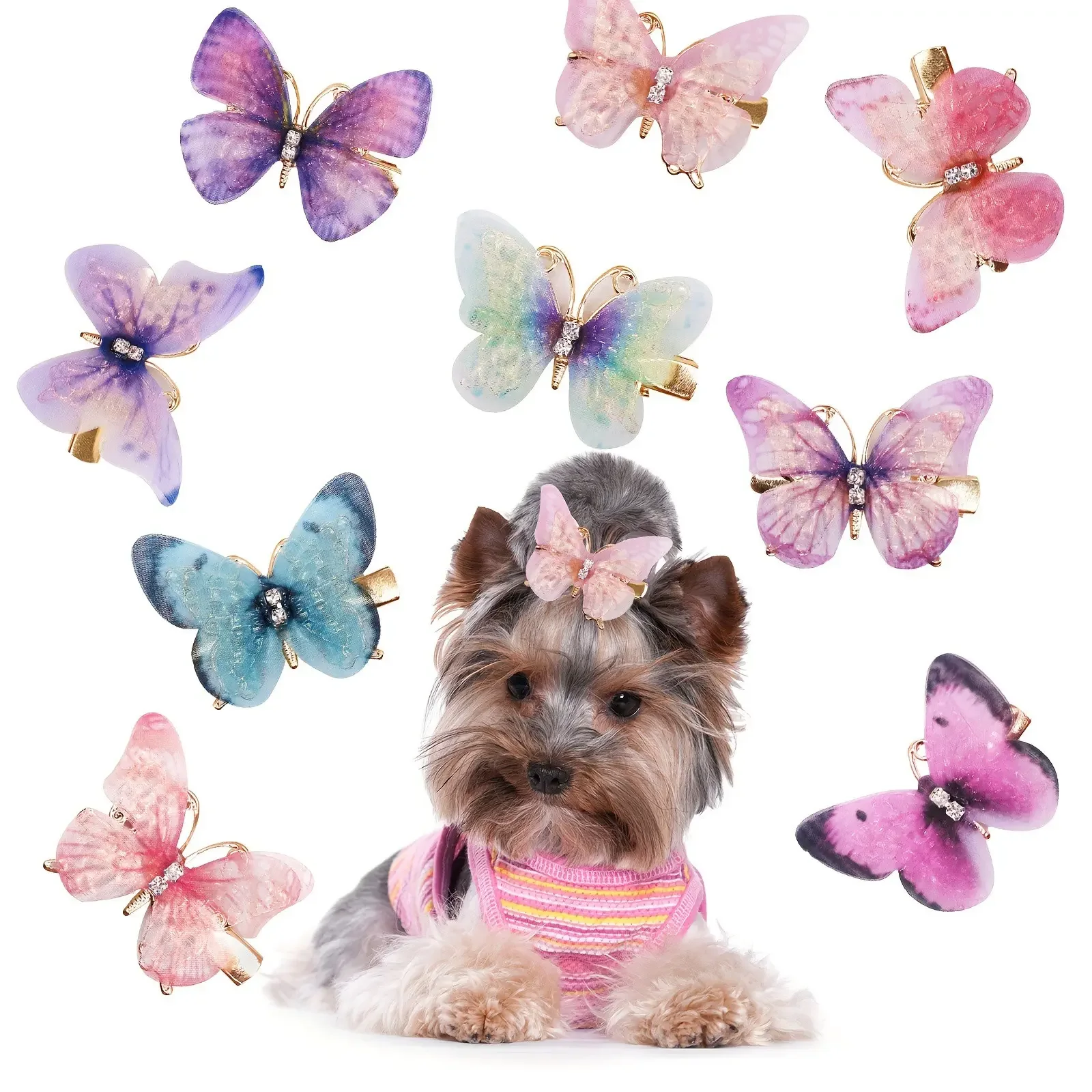 Pet Supplies Sturdy Metal Hair Clips Set (10-Piece) - Double-Layered with Sparkling Rhinestones, Colorful Butterfly Accents, Safe, Comfortable for Cats & Small Dogs, Random Color Assortment, Set Of 10
