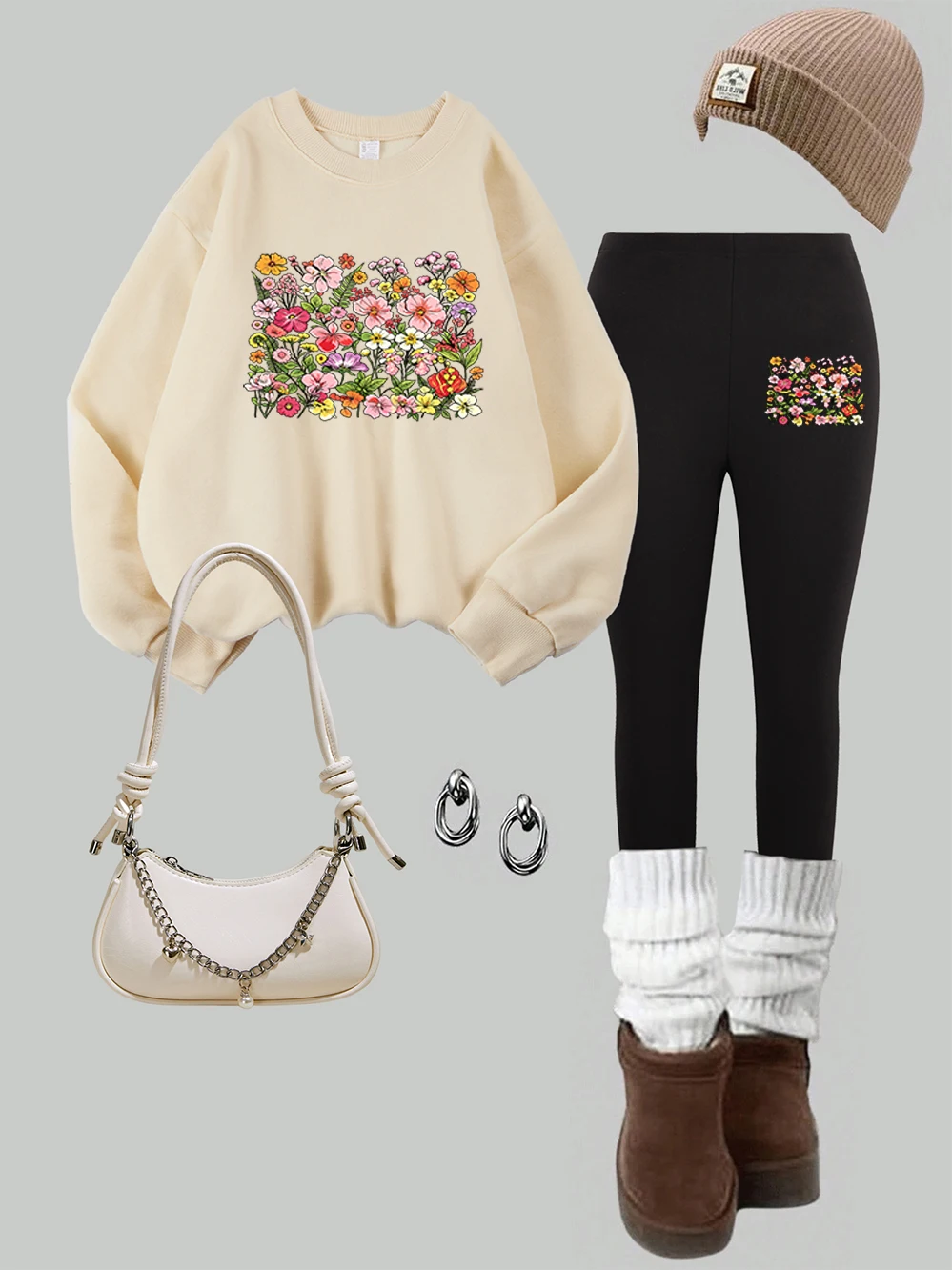 2Pcs Leggings Sweatshirt Set Womens Boho Wildflower Bright Garden Printed Hoodie Autumn Pocket Loose Tops Casual Slim Trousers