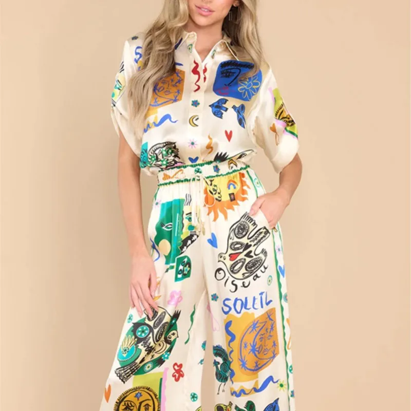 Summer Women\'s Fashion Graffiti Print Satin Short Sleeved Lapel Shirt High Waist Pocket Long Pants Casual Two-piece Set Femme