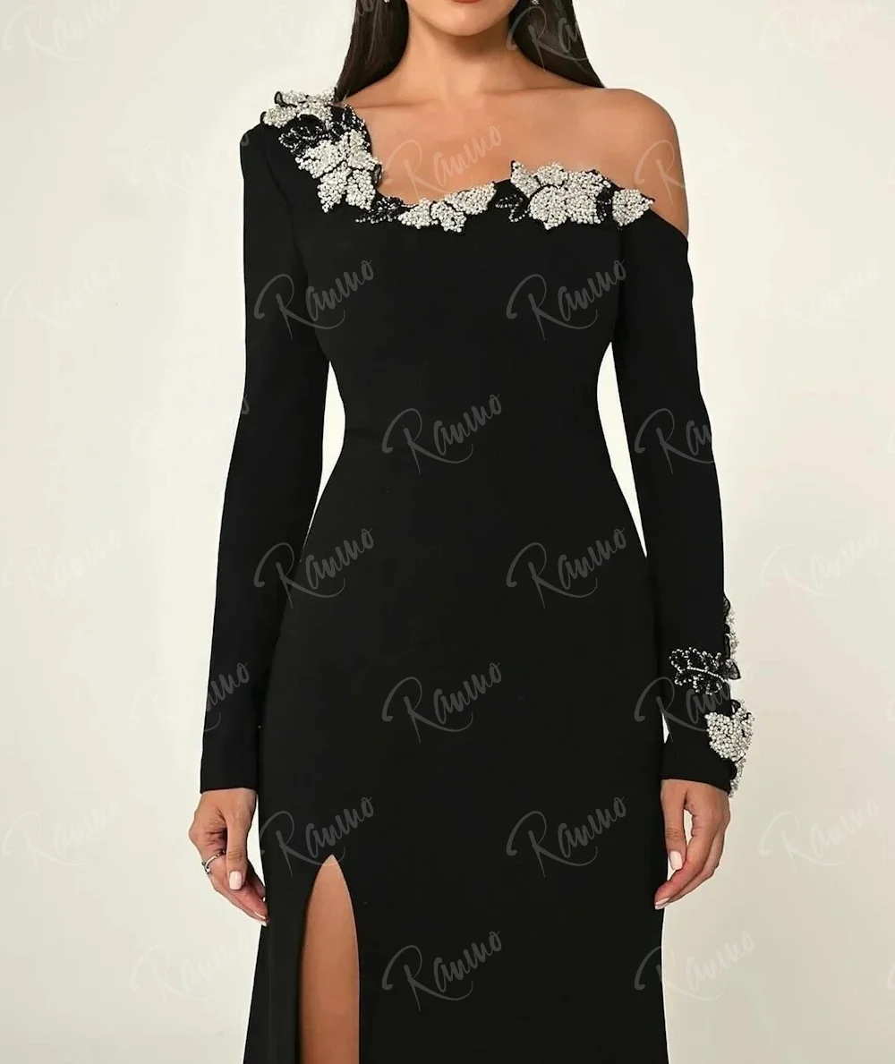 فستان حفلة موسيقية للمشاهير مخصص من Ranmo بأكمام طويلة وفتحة للحفلات من فيستدوس دي فييستا مطوي مطرز بالخرز بطول الأرض فستان سهرة