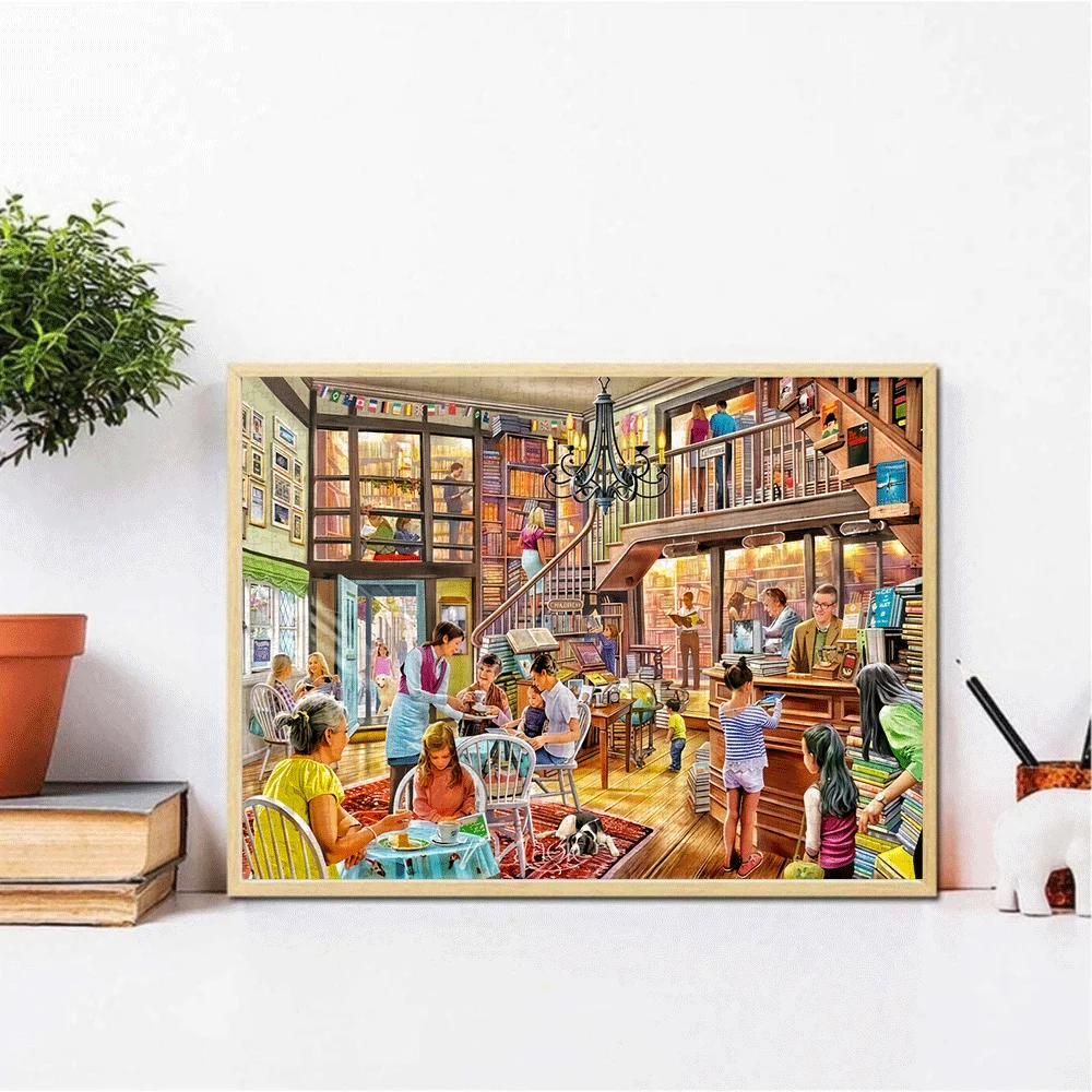 Puzzle per caffè libreria da 1000 pezzi: illustrazione vibrante della libreria accogliente con clienti, scaffali e scale, ideale per adulti e