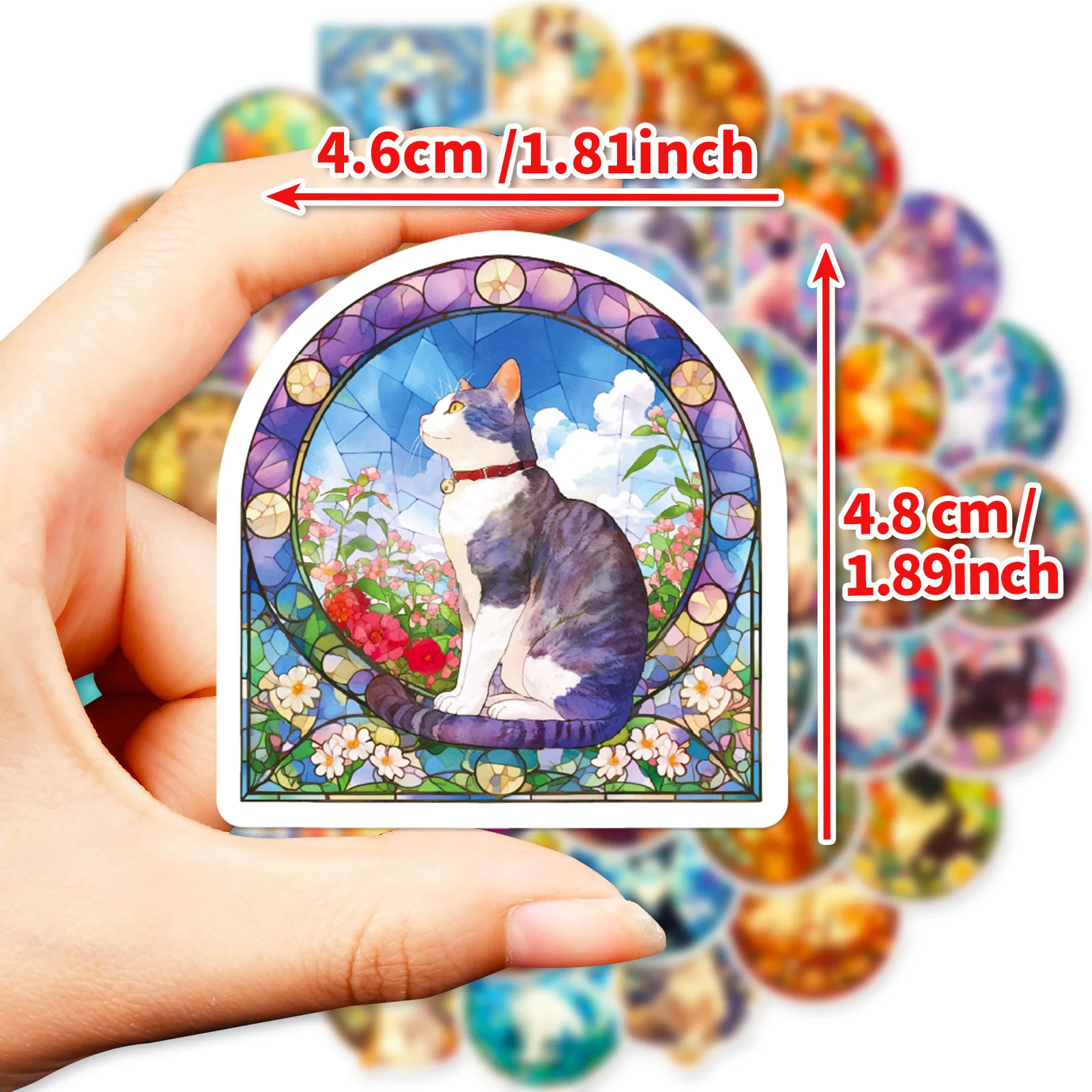 50 Pcs Cute Stained Glass Cat Stickers PP Waterproof Decorative Stickers for Journaling DIY Crafts Motivational Reward Decals - view 3