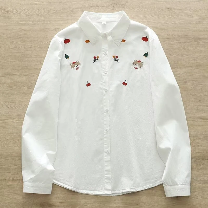 Desenhos animados de cereja gato bordado camisa feminina, casual doce cor branca, blusa de algodão manga comprida, tops femininos, primavera, outono, novo, U284