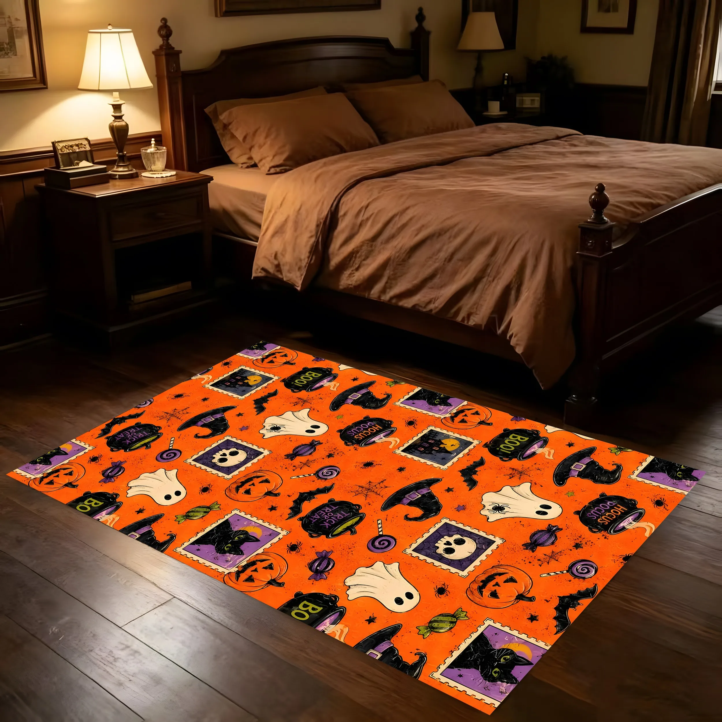 Velvet Pumpkin Themed Fun 2D Rug for Living Room and Bedroom, Autumn/Winter Warm Cozy Atmosphere