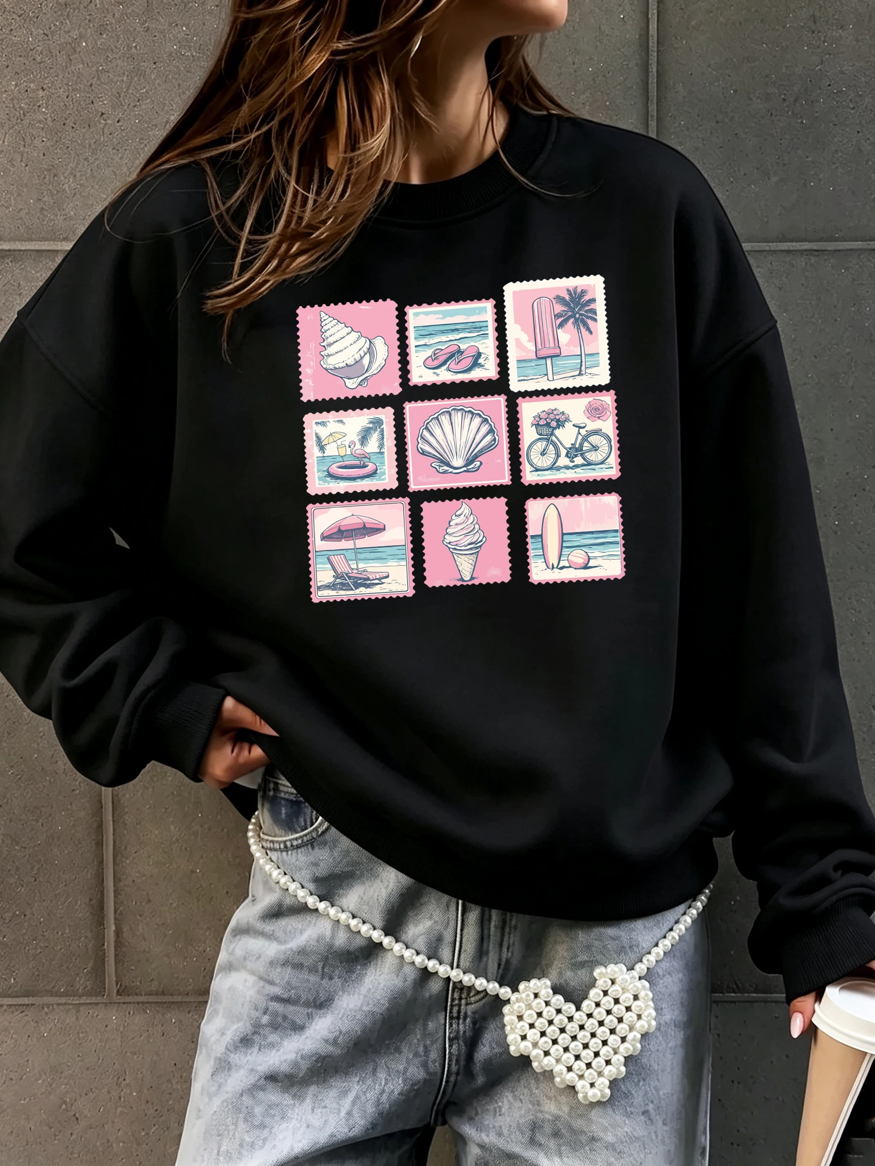 Vintage Shell Beach Stempelprint Damen Pullover Lockerer Fleece-Sweatshirt Herbst Y2K Kleidung Rundhals Jogging Sportbekleidung – Detail 10