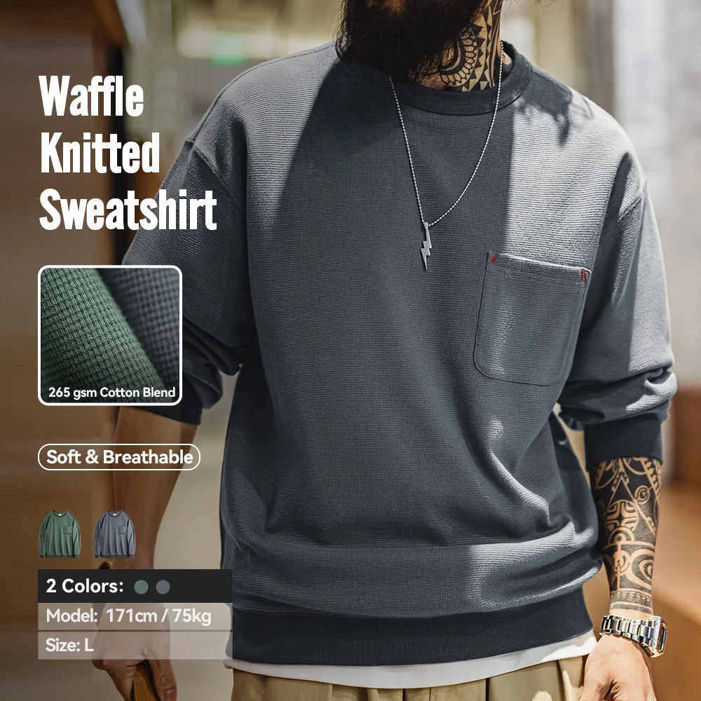 

Мужская весенняя повседневная вафельная вязаная толстовка с карманами Maden, свободный крой, пуловер с длинными рукавами, толстовка с круглым вырезом, удобная футболка