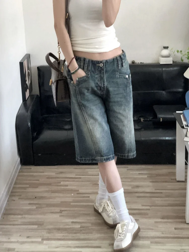 DEEPTOWN Y2K Vintage Denim Shorts Women Baggy High Waist Korean Streetwear Wide Leg Jorts Casual Oversize Washed Summer Jeans