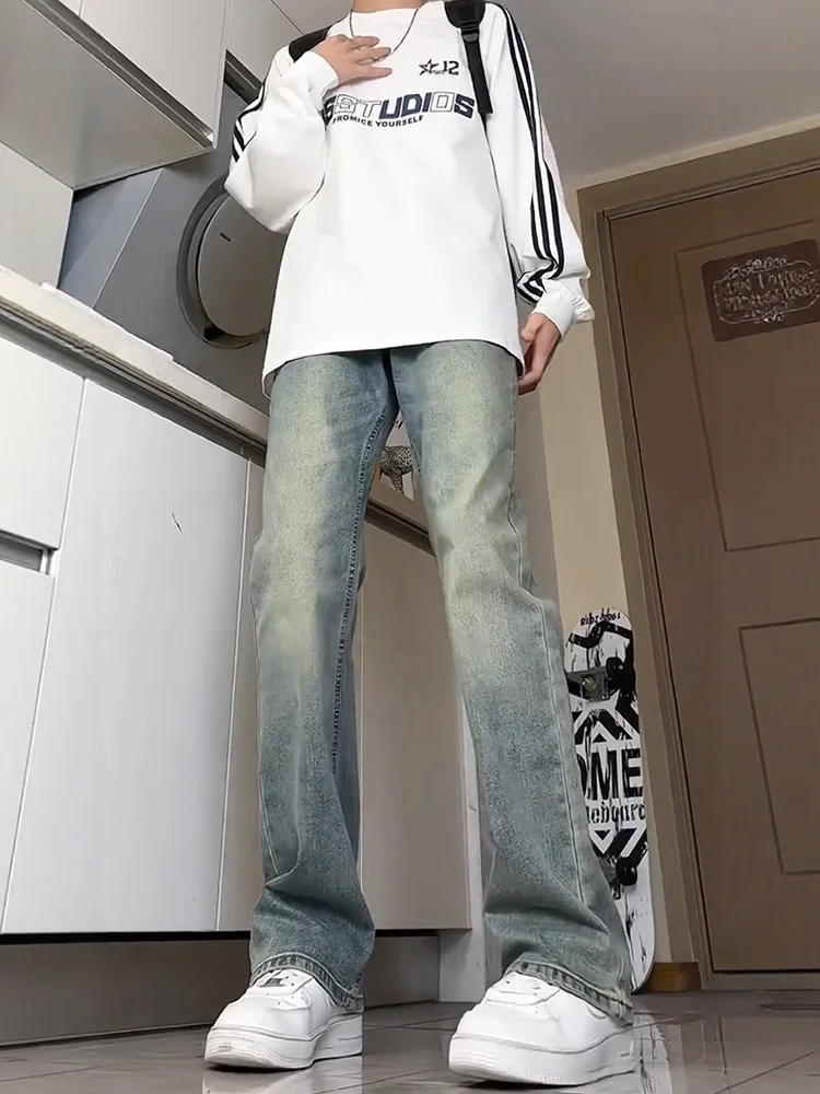 

Retro American High Street Blue Jeans Men's Straight Leg Wide Leg Micro Flared Pants Elastic Slim Fit High Waist Cotton Denim