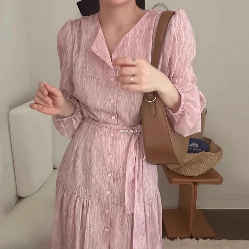 Gentle Sweet Elegant Women Vestidos V-neck Single-breasted Lace Waist Slim Robe 2024 Autumn Long-sleeved Floral Dress Female