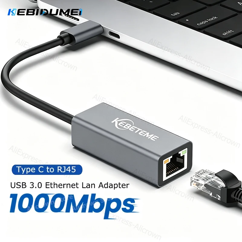 KEBIDUMEI 10/100/1000Mbps USB C Ethernet Adapter RJ45 LAN Port Aluminum Shell Network Card for Laptop MacBook Ethernet Adapter