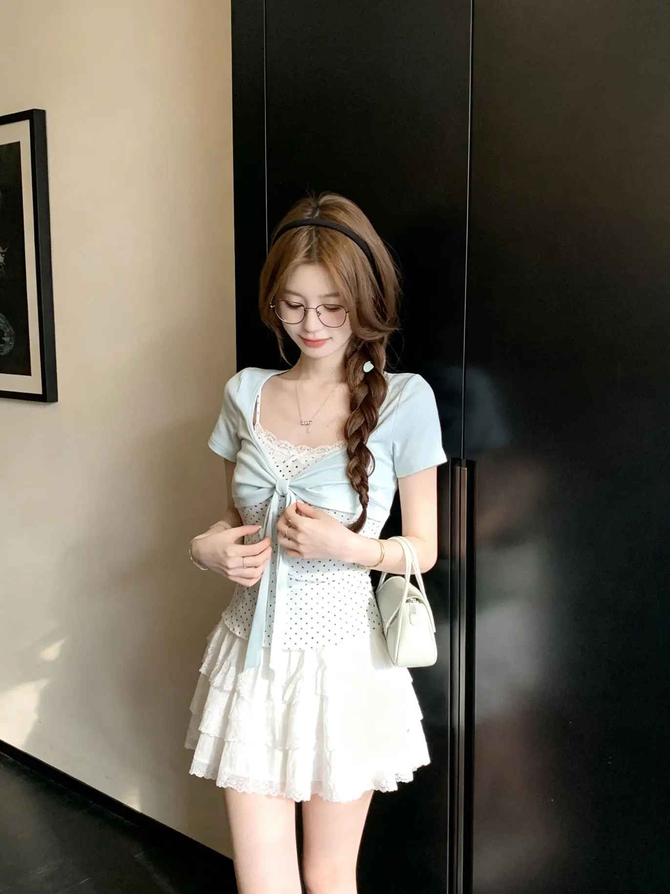Autumn New Style Color Block U-Neck  Knot Short Sleeve T-Shirt Women's Fake Two-Piece Design Versatile Commute Top